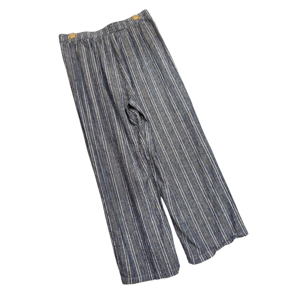 Wide Leg Crop Pants Blue Stripe Linen Blend Pull-On L Metallic Lagenlook - Picture 3 of 8